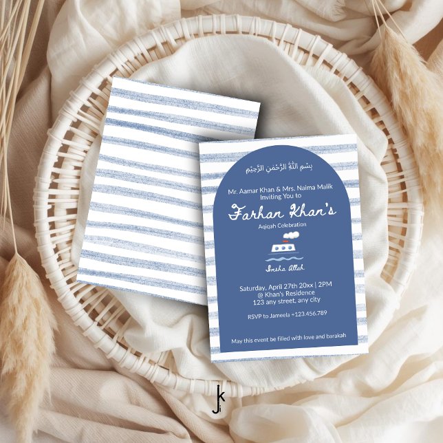 Invitation Nautical Blue White Stripe Baby Boy Aqiqah (Créateur téléchargé)
