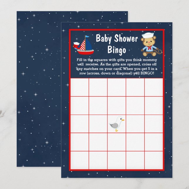 Invitation Nautical Boy Monkey Red et Navy Baby Bingo (Devant / Derrière)