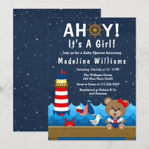 Invitation Nautical Girl Bear Baby shower rouge et marine
