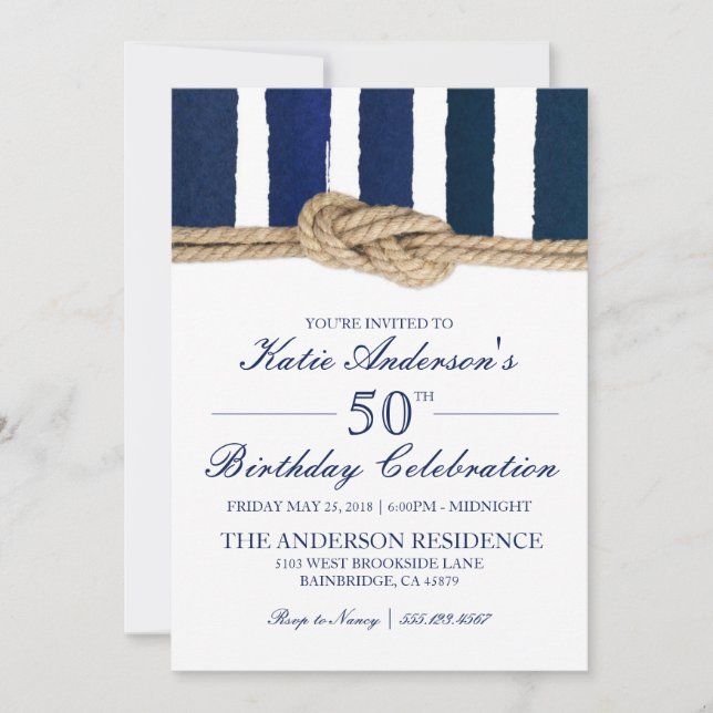 Invitation Nautical Knot Marine Stripes Anniversaire Invitati (Devant)
