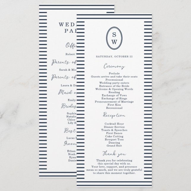 Invitation Nautical Navy Stripe Classic Wedding Program Card (Devant / Derrière)