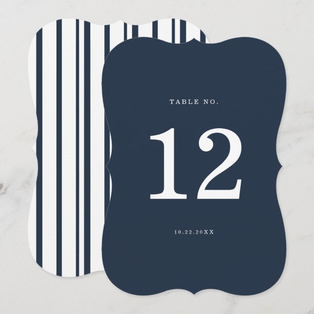 Invitation Nautical Navy Stripe Die-Cut Wedding Table Number (Devant / Derrière)