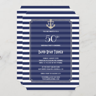Invitation Nautical Navy Stripes Silver 50e fête d'anniversai