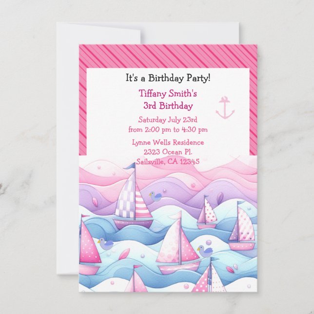 Invitation Nautical Pastel Voilier Girls Anniversaire Invitat (Devant)
