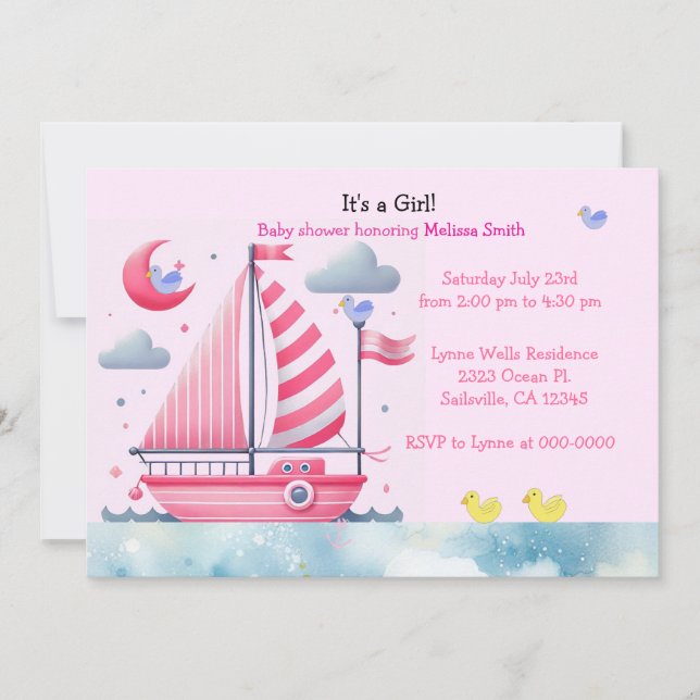 Invitation Nautical Pink Sailboat bébé fille douche Invitatio (Devant)