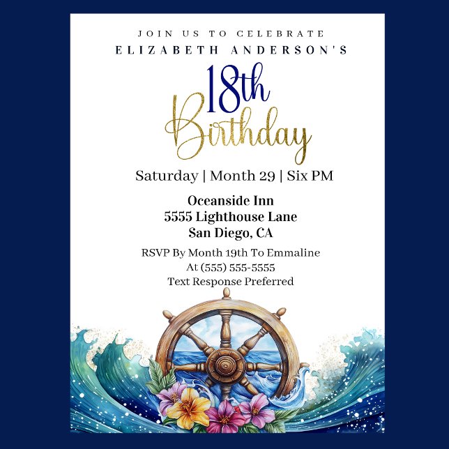 Invitation Nautical Sailing Wheel 18th Birthday (Nautical sailing wheel 18th birthday invitation with ocean waves and tropical flowers
)