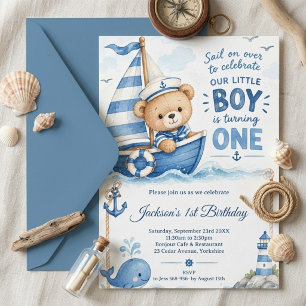 Invitation Nautical Teddy Bear Voilier 1er Anniversaire