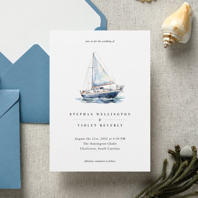 Invitation Nautical Watercolor Bateau Yacht Mariage côtier (Créateur téléchargé)