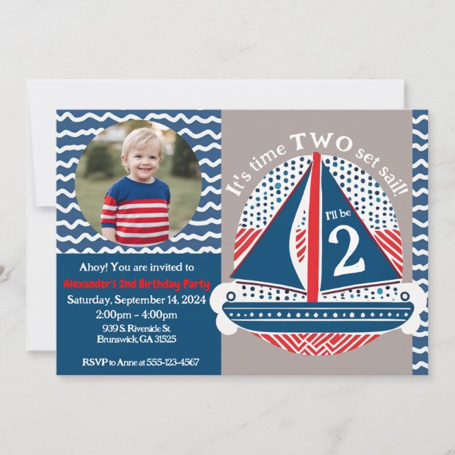 Invitation Nautique 2e anniversaire Heure de deux Set Bateau  (Devant)