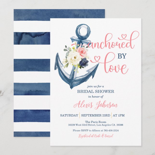 Invitation Nautique Ancré Par Love Fête des mariées (Rose) (Devant / Derrière)