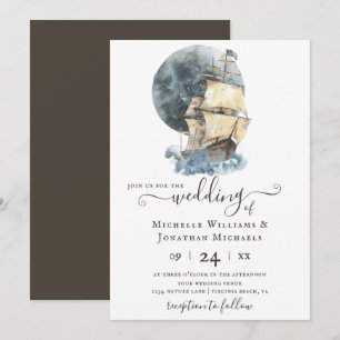 Invitation Nautique Aquarelle Navire Voile Plage Mariage
