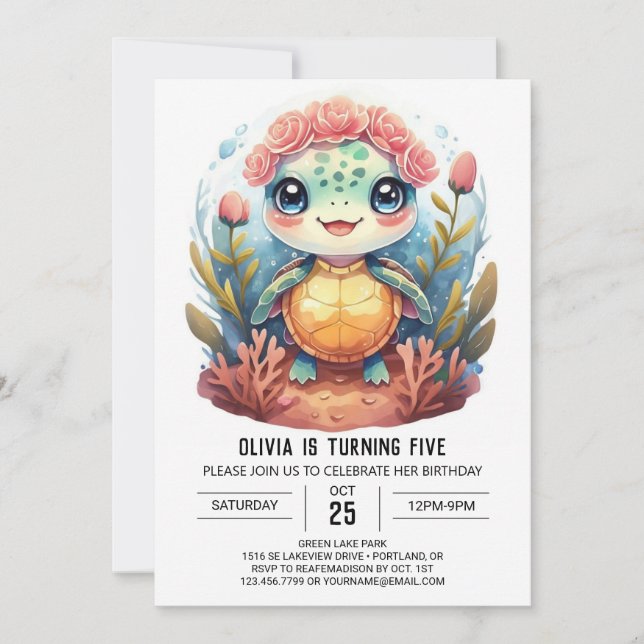 Invitation Nautique Aquarelle Tortue fille Anniversaire (Devant)