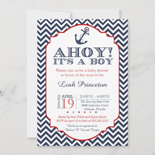 Invitation Nautique Baby Boy Shower Invitation, Chevron (Devant)