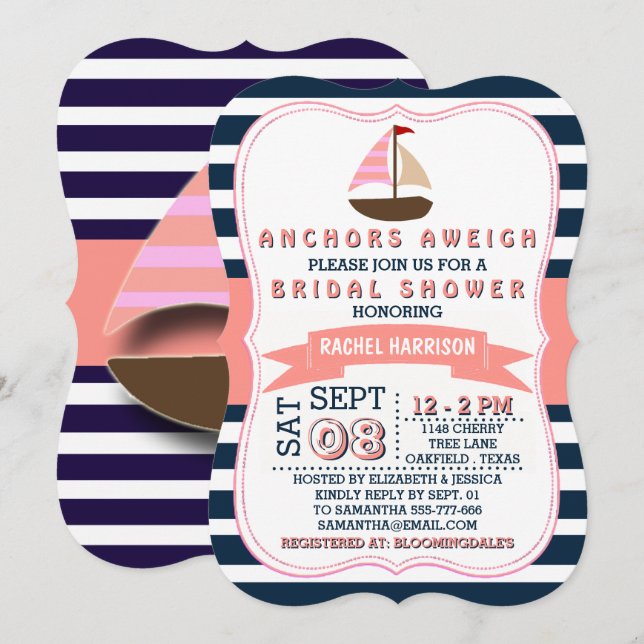 Invitation Nautique Bateau à voile Plage Bridal Douche Invita (Devant / Derrière)