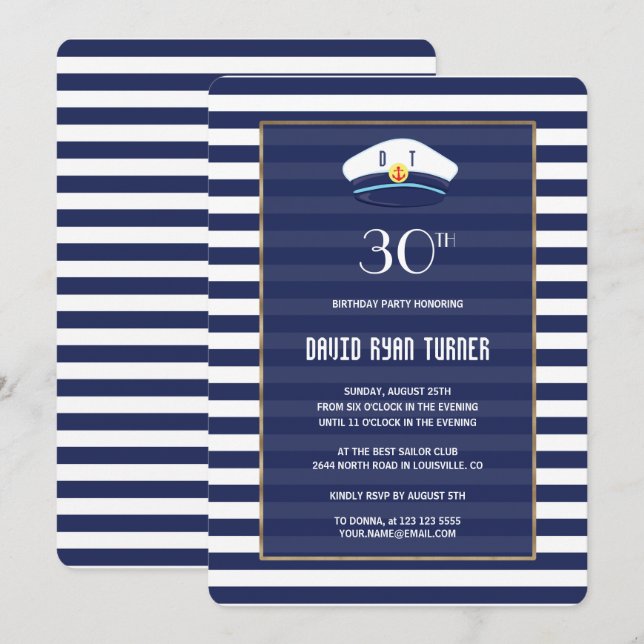 Invitation Nautique Bleu Stripes Gold Anniversaire (Devant / Derrière)