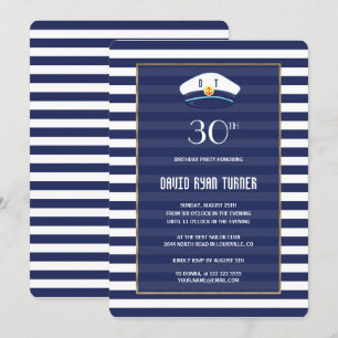 Invitation Nautique Bleu Stripes Gold Anniversaire