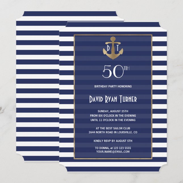 Invitation Nautique Bleu Stripes Gold Anniversaire (Devant / Derrière)