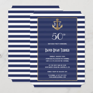 Invitation Nautique Bleu Stripes Gold Anniversaire