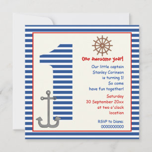 Invitation Nautique bleu, voilier blanc 1ère fête d'anniversa
