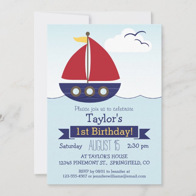 Invitation Nautique Cute Nautical Sailboat fête d'anniversair (Devant)
