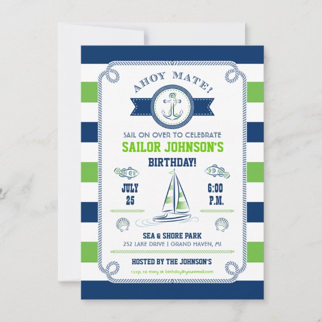 Invitation nautique d'anniversaire de rayures (Devant)