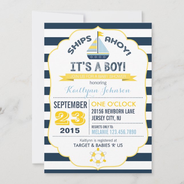Invitation nautique de baby shower d'Ancre et de (Devant)