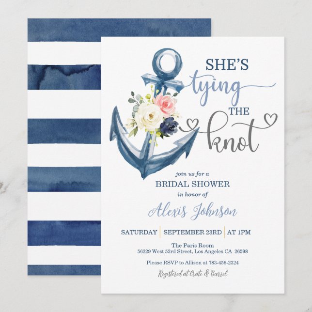 Invitation Nautique Elle noue la Fête des mariées (Gris) (Devant / Derrière)
