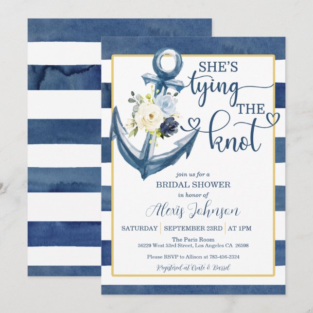 Invitation Nautique Elle noue la Fête des mariées (Marine) (Devant / Derrière)