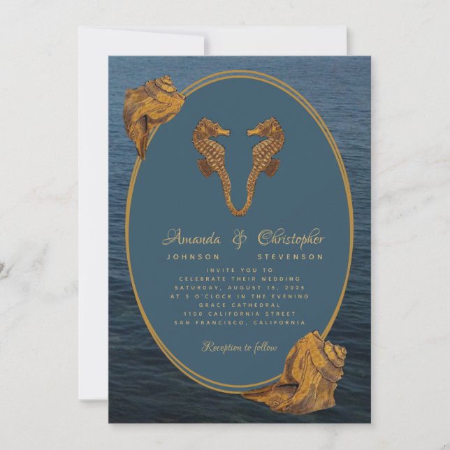 Invitation Nautique Gold Seahorses Sea Snails Beach Mariage (Devant)