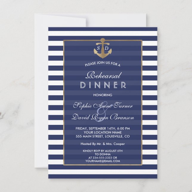 Invitation Nautique Marine Blue Stripes Gold REHEARSAL DINNER (Devant)