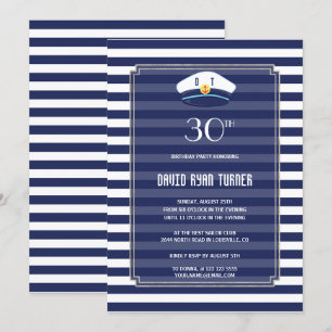 Invitation Nautique Marine Stripes Silver Man Anniversaire