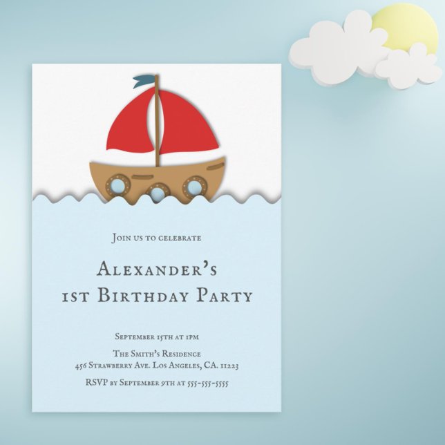 Invitation Nautique moderne bateau à voile Boy premier annive (Cute first birthday party invitation with a boat illustration)