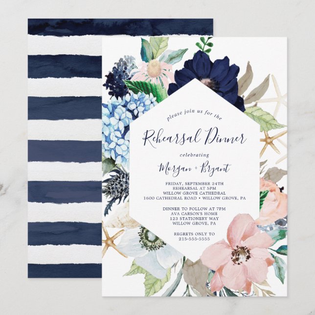 Invitation Nautique moderne | Dîner de répétition florale (Devant / Derrière)
