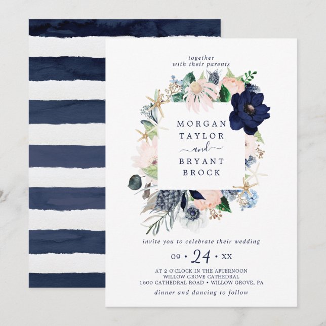Invitation Nautique moderne | Floral Carré   Mariage (Devant / Derrière)
