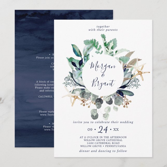 Invitation Nautique moderne | La verdure en un seul Mariage (Devant / Derrière)