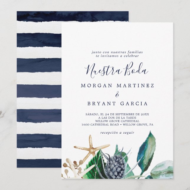 Invitation Nautique moderne | Verdure Espagnol Nuestra Boda (Devant / Derrière)