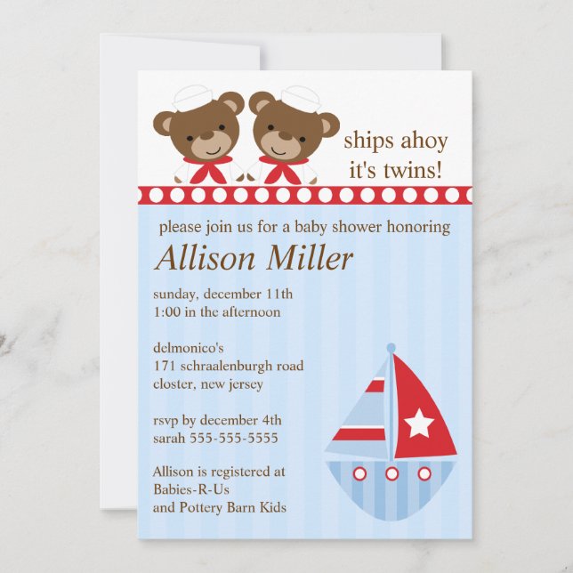 Invitation Navires Ahoy C'est le Baby shower de TWIN (Devant)