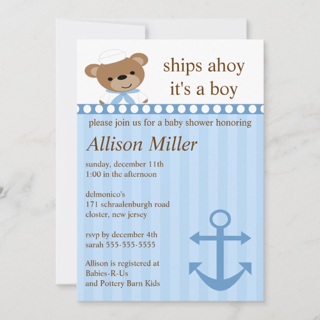 Invitation Navires Ahoy Nautical Boy Baby shower (Devant)