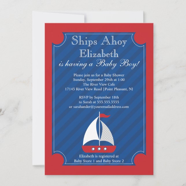 Invitation Navires Ahoy Nautical Sailboat Boy Baby shower (Devant)