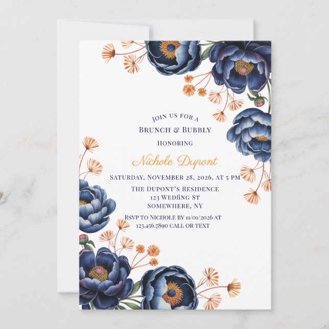 Invitation Navy and Burnt Orange Floral Brunch & Bubbly (Devant)