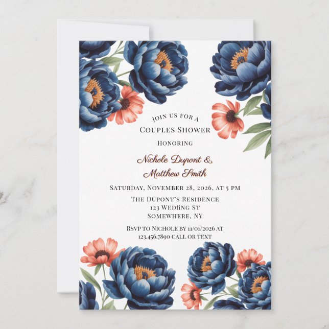 Invitation Navy and Burnt Orange Floral Couples Shower (Devant)