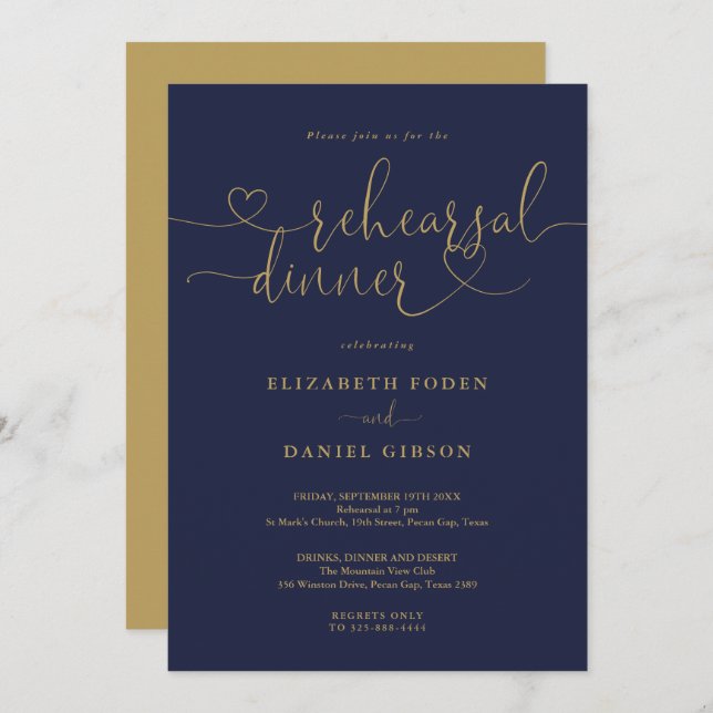 Invitation Navy And Gold Script Wedding Rehearsal Dinner (Devant / Derrière)