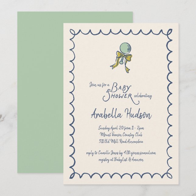 Invitation Navy and Mint Doodle Rattle and Bow Baby Shower (Devant / Derrière)