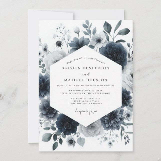 Invitation Navy Aquarelle Bloom Wedding (Devant)