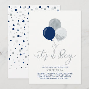 Invitation Navy & Ballons Argentés   C'est un Garçon Baby Sho