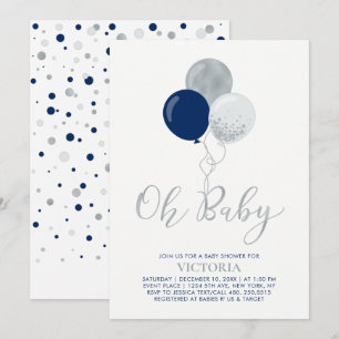 Invitation Navy & Ballons Argentés   Oh Garçon pour la Baby S