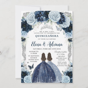 Invitation Navy Bébé Bleu Floral Argent Twins Quinceanera 16