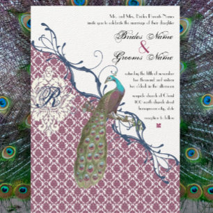 Invitation Navy & Berry Berry Elegant Damask Peacock Mariage