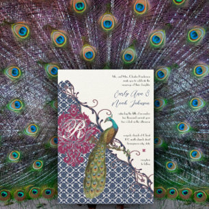 Invitation Navy & Berry Berry Elegant Damask Peacock Mariage