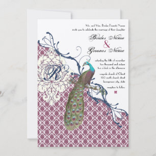 Invitation Navy & Berry Berry Elegant Damask Peacock Mariage